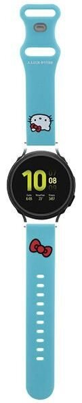 Jasnoniebieski pasek do zegarka Hello Kitty z czarną tarczą pokazującą godzinę.