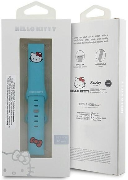 Pasek do zegarka Hello Kitty w pudełku. Pasek jest jasnoniebieski.