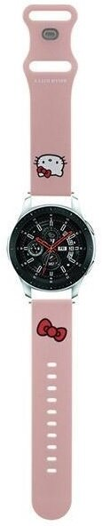 Smartwatch Hello Kitty z różowym paskiem. Biała tarcza i czerwone detale kokardki.