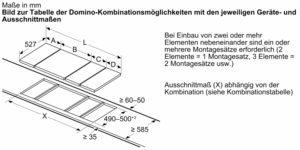 Technische Zeichnung mit Abmessungen eines Ausschnitts für ein Kochfeld.