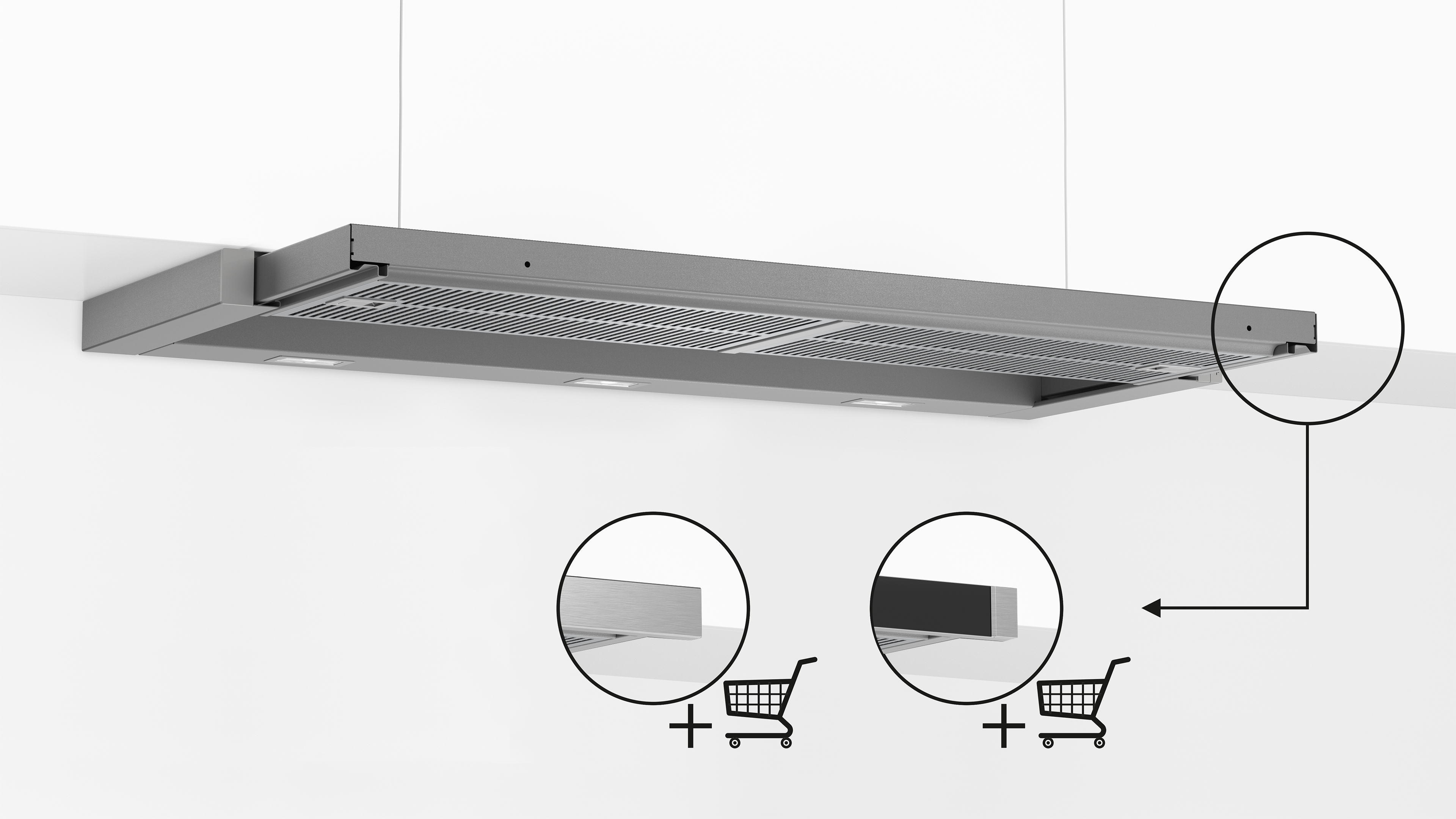 Edelstahl-Dunstabzugshaube an einer weißen Decke montiert. Nahaufnahme von Details mit Einkaufswagen-Symbolen.