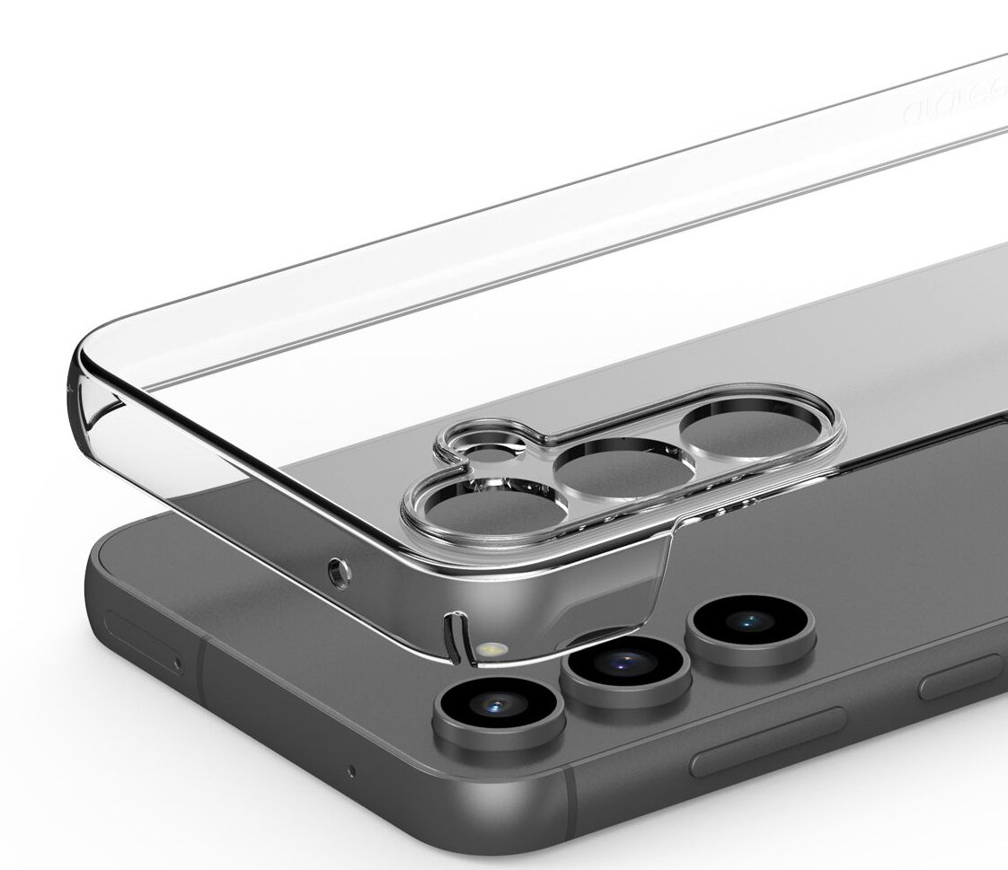 Przezroczyste etui na telefon na czarnym smartfonie. Etui ma wycięcie na aparat.