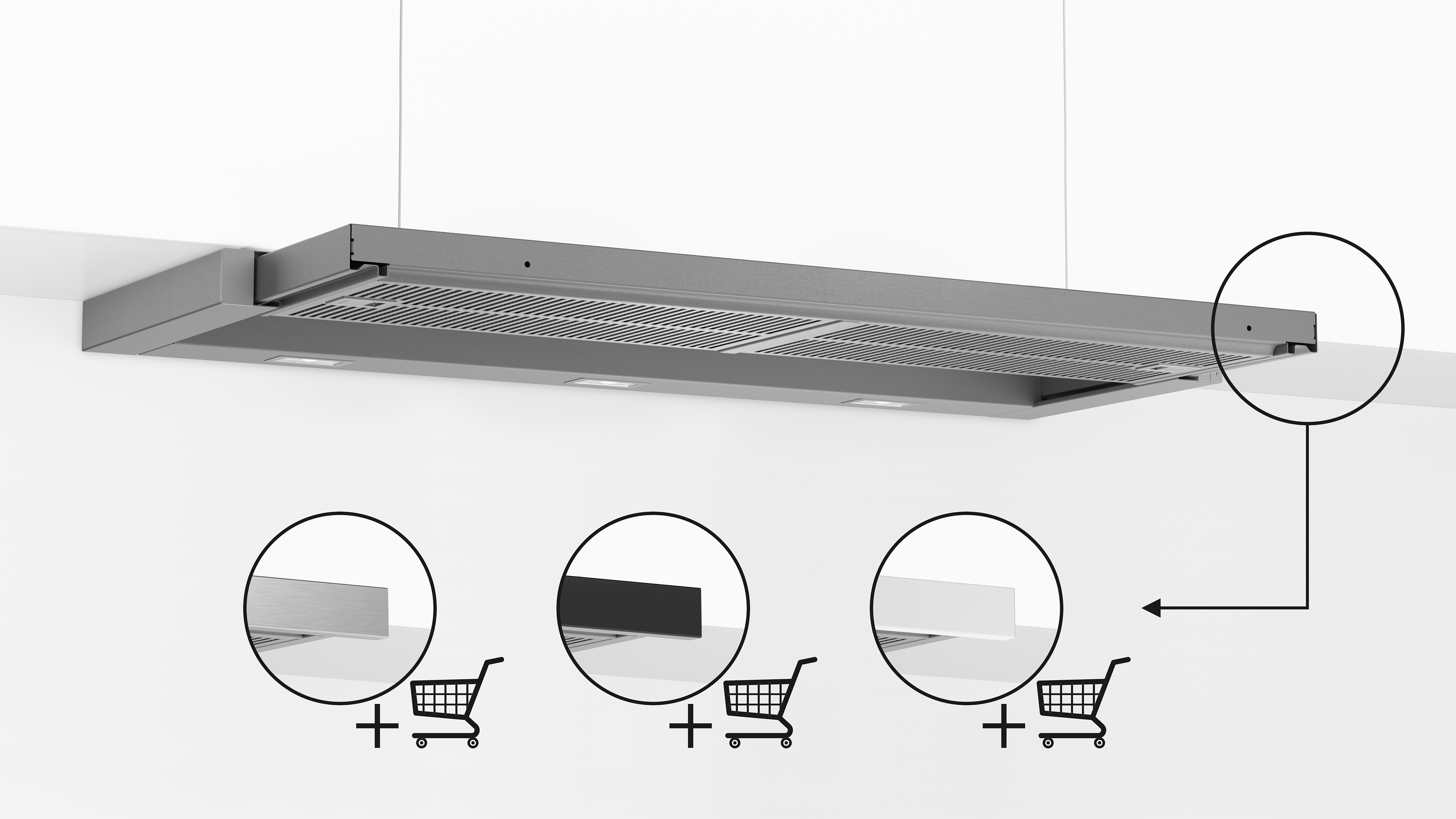 Eine graue Dunstabzugshaube mit drei Einbaulampen wird gezeigt. Drei Produktoptionen, jeweils mit einem Einkaufswagen-Symbol, sind hervorgehoben.