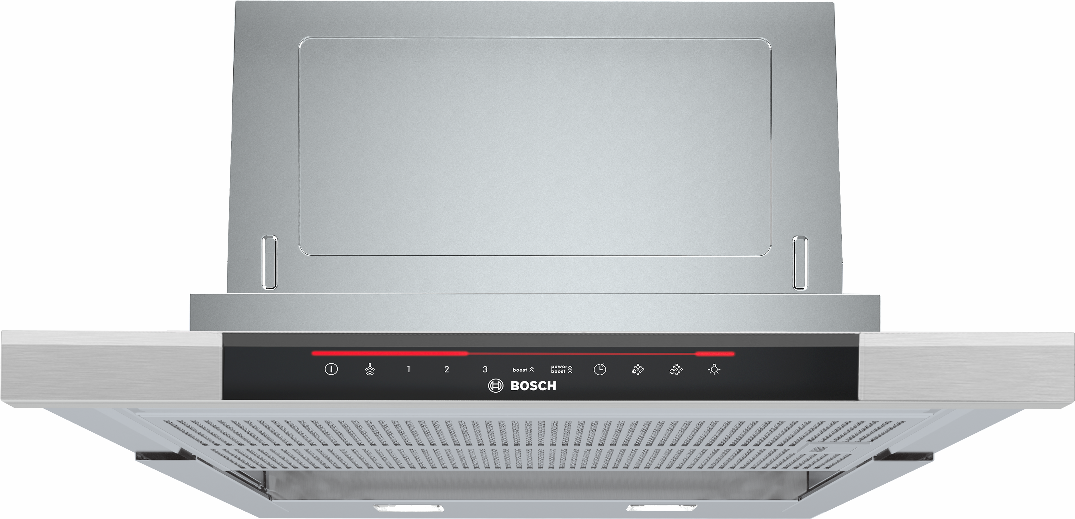 Edelstahl-Bosch-Dunstabzugshaube. Bedienelemente auf schwarzem Panel mit roten Lichtern. Enthält Lüfter-, Licht- und Power-Boost-Funktionen.