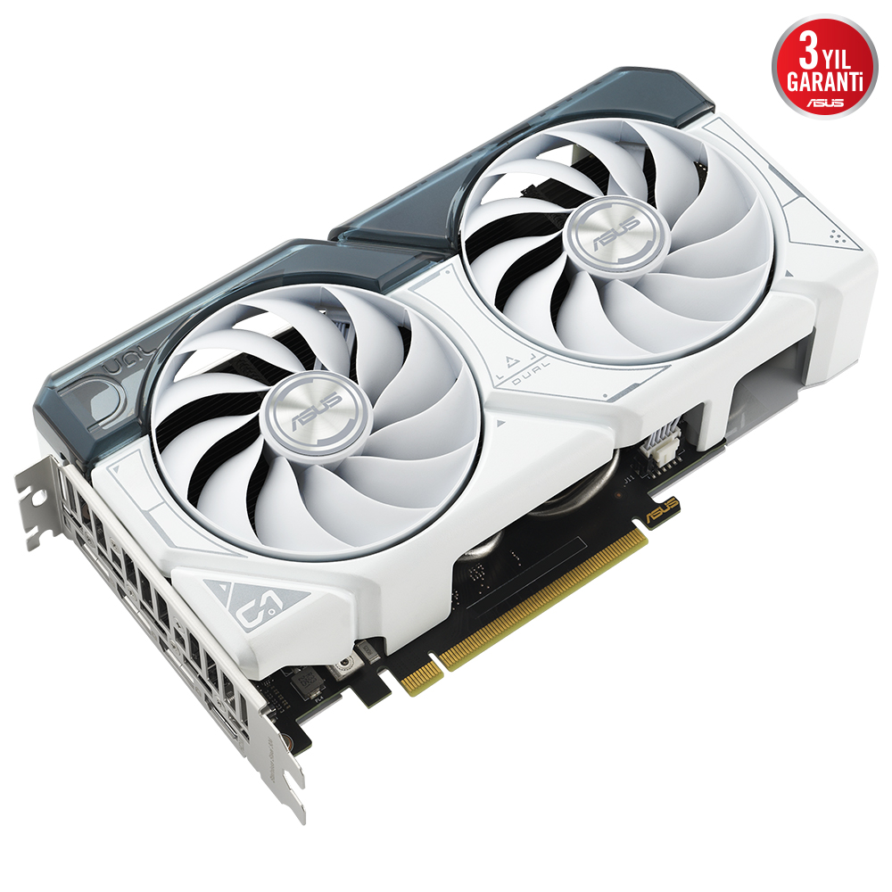 İki fanlı ve 3 yıl garanti etiketli beyaz ve gri bir ASUS Dual serisi grafik kartı.
