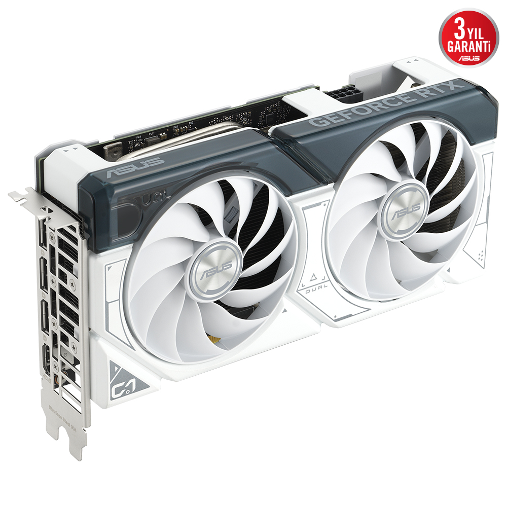 Beyaz ve gri ASUS GeForce RTX grafik kartı. İki fanı ve ASUS ve GeForce RTX logoları var.