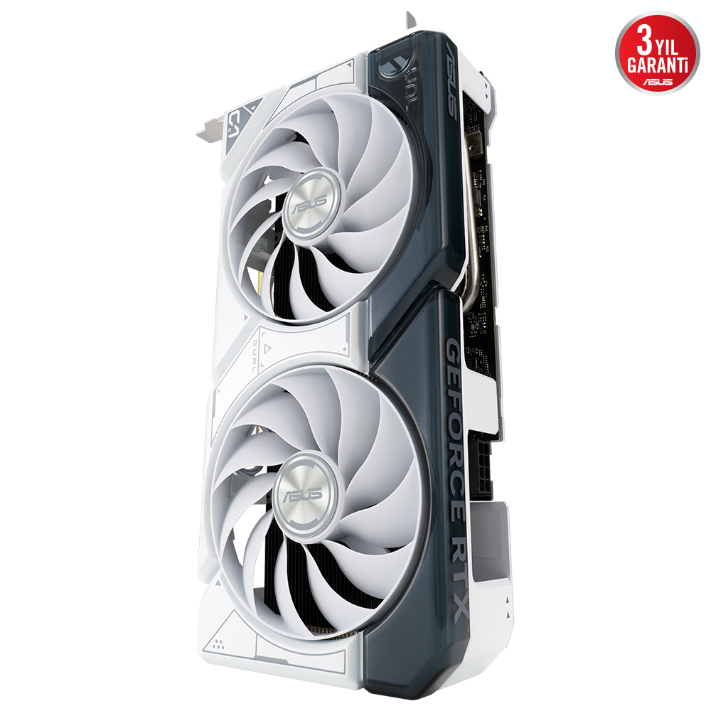 Beyaz ve gri ASUS GeForce RTX grafik kartı, fanlar ve 3 yıl garanti logosu ile.