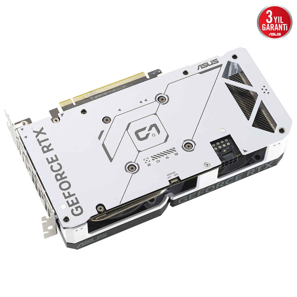Beyaz ASUS GeForce RTX grafik kartı. Gümüş ve siyah vurgular. Üç yıllık garanti etiketi.