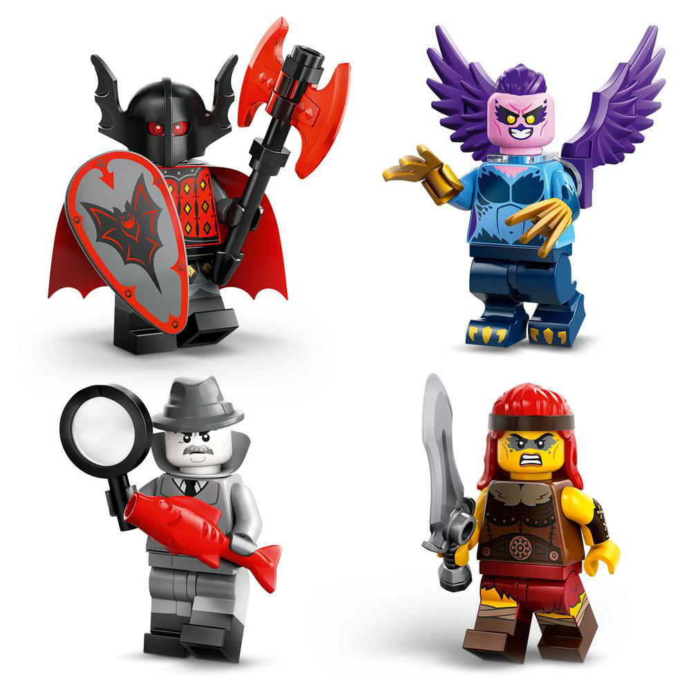 Vier LEGO-Minifiguren: Ritter, geflügeltes Monster, Detektiv mit Fisch und wütender Krieger.