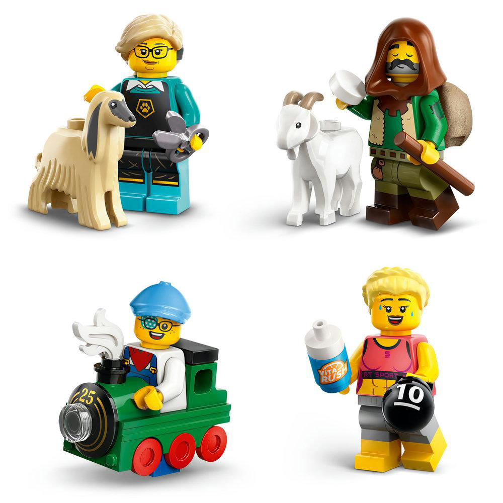 Vier LEGO-Minifiguren, darunter ein Hundetrainer und ein Lokführer.