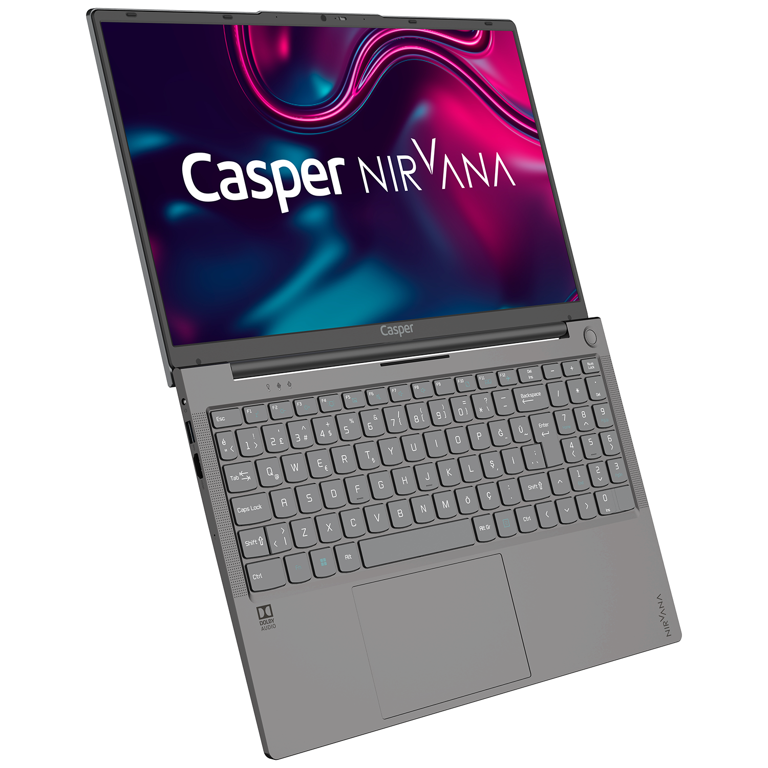 Casper Nirvana logosunu gösteren aydınlatmalı ekrana sahip gri bir dizüstü bilgisayar. Klavye açık.