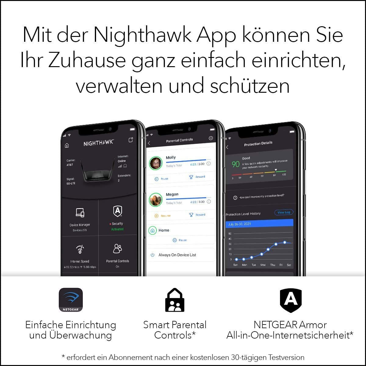 Drei Smartphones zeigen eine Nighthawk App-Oberfläche. Jeder Bildschirm hat unterschiedliche Infos.
