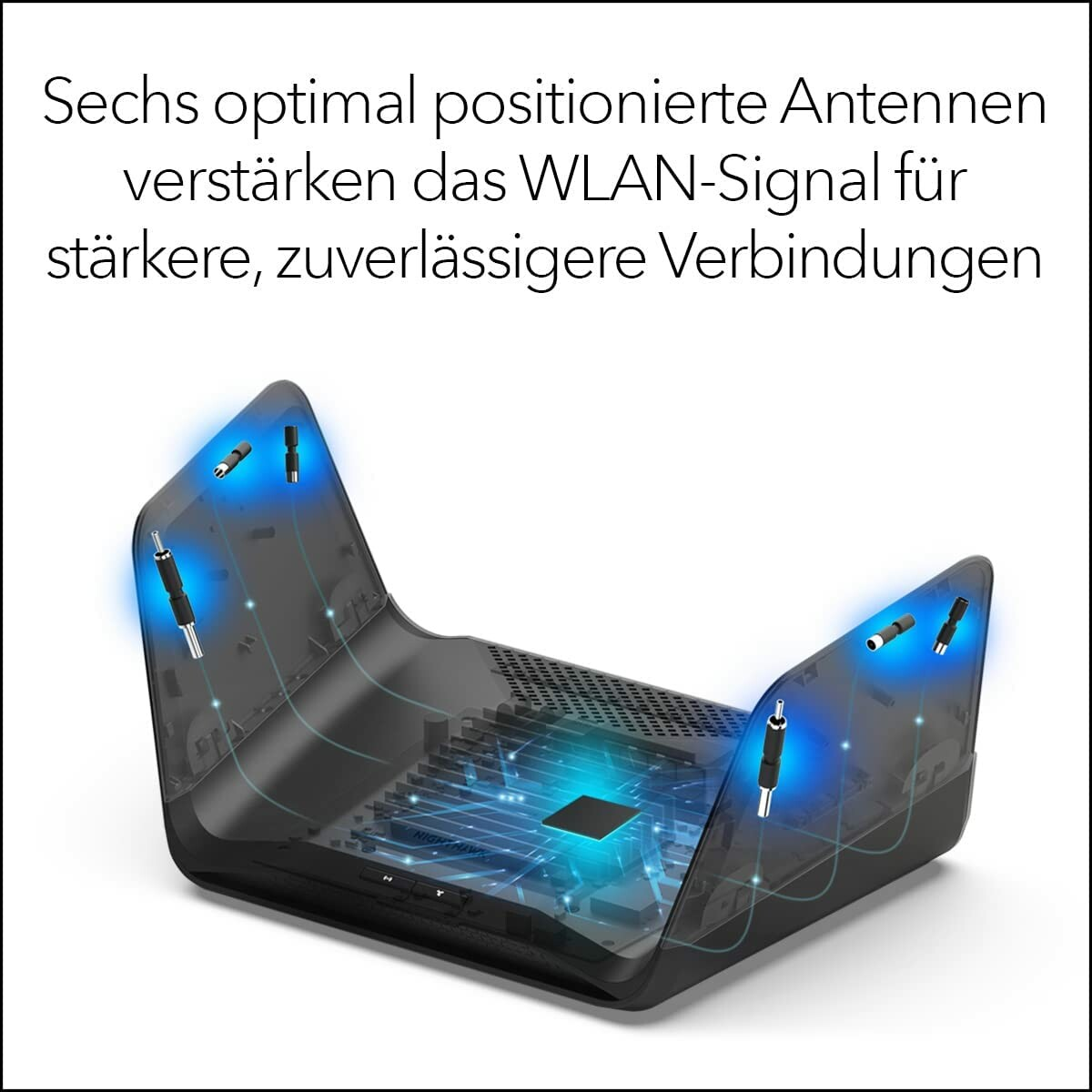 Ein schwarzer Router mit sechs Antennen, Text auf Deutsch.