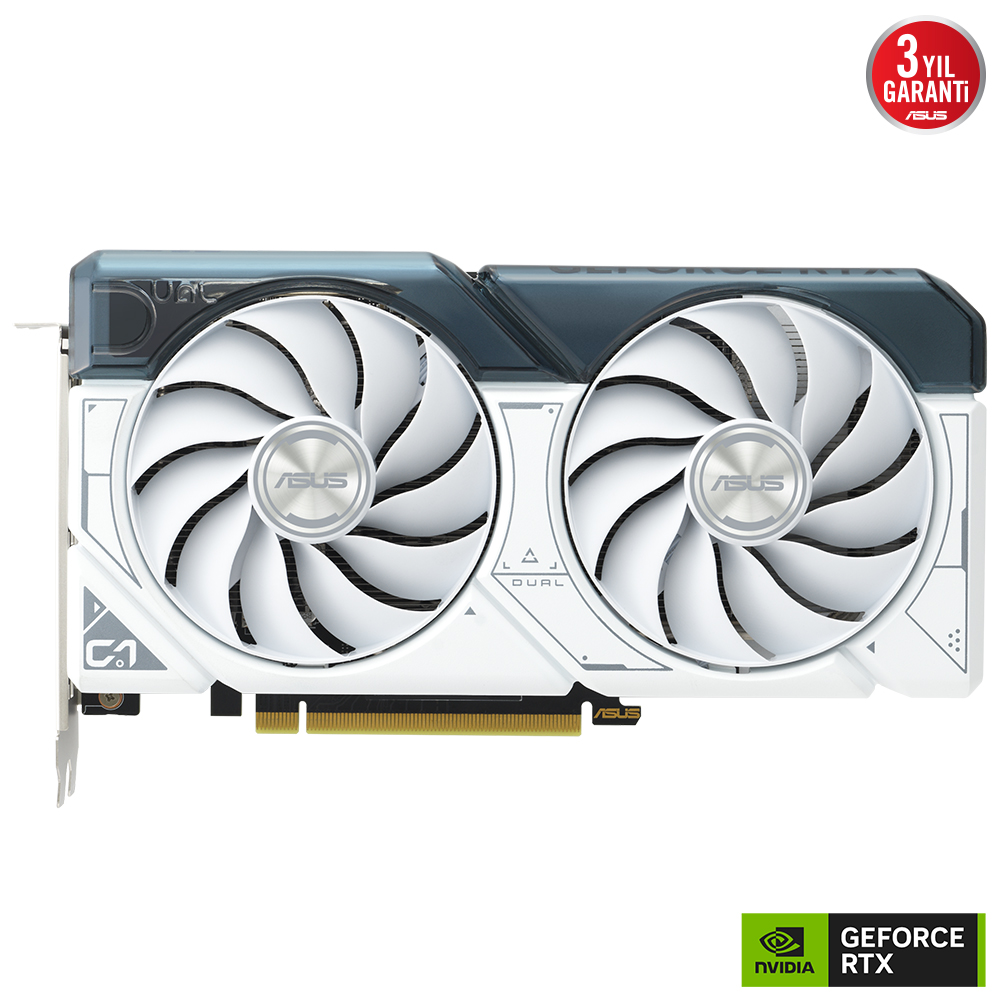 İki fanlı beyaz ve siyah bir ASUS ekran kartı.