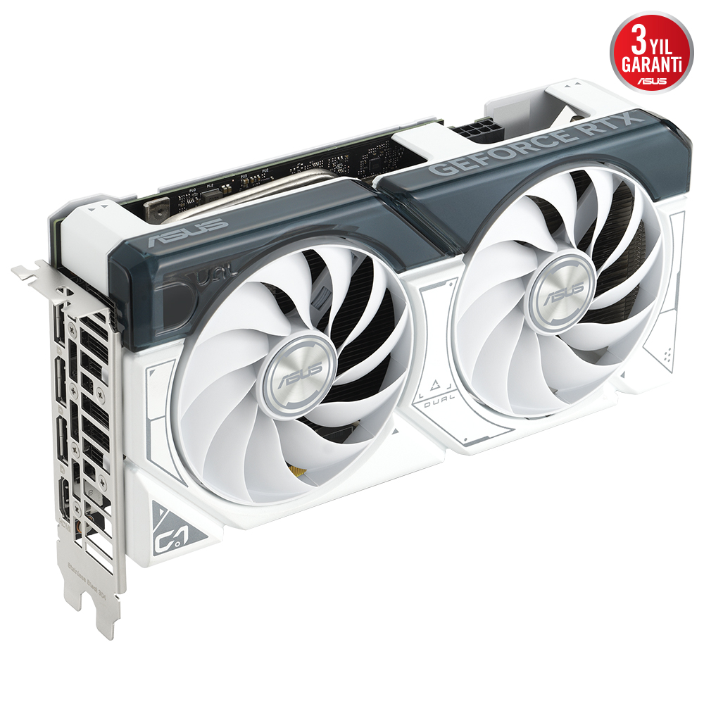 Çift fanlı, beyaz ve gri tasarımlı Asus GeForce RTX grafik kartı.