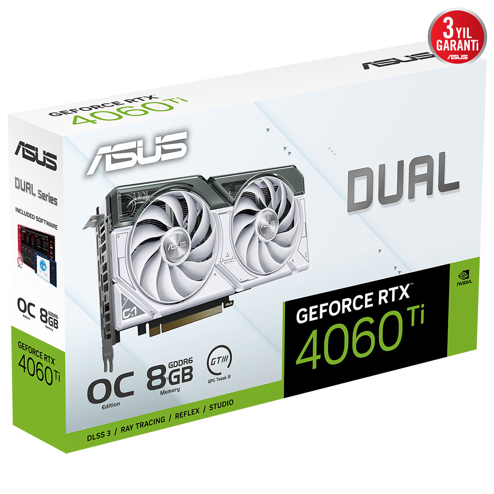Beyaz ve siyah grafik kartı kutusu. Metin: GeForce RTX 4060 Ti, ASUS.