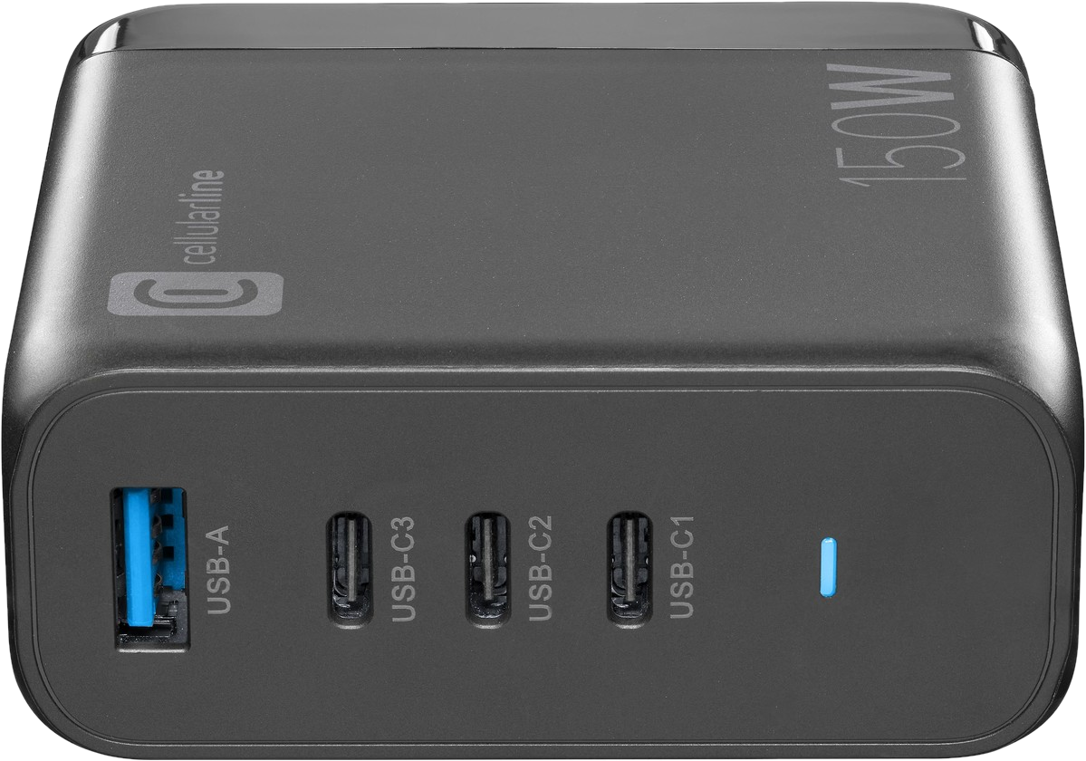 Ein dunkelgraues 150W Ladegerät mit mehreren USB-Anschlüssen, einschließlich USB-A und USB-C.