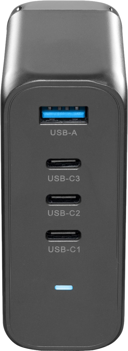 Schwarzes USB-Ladegerät mit mehreren Anschlüssen (USB-A und USB-C).