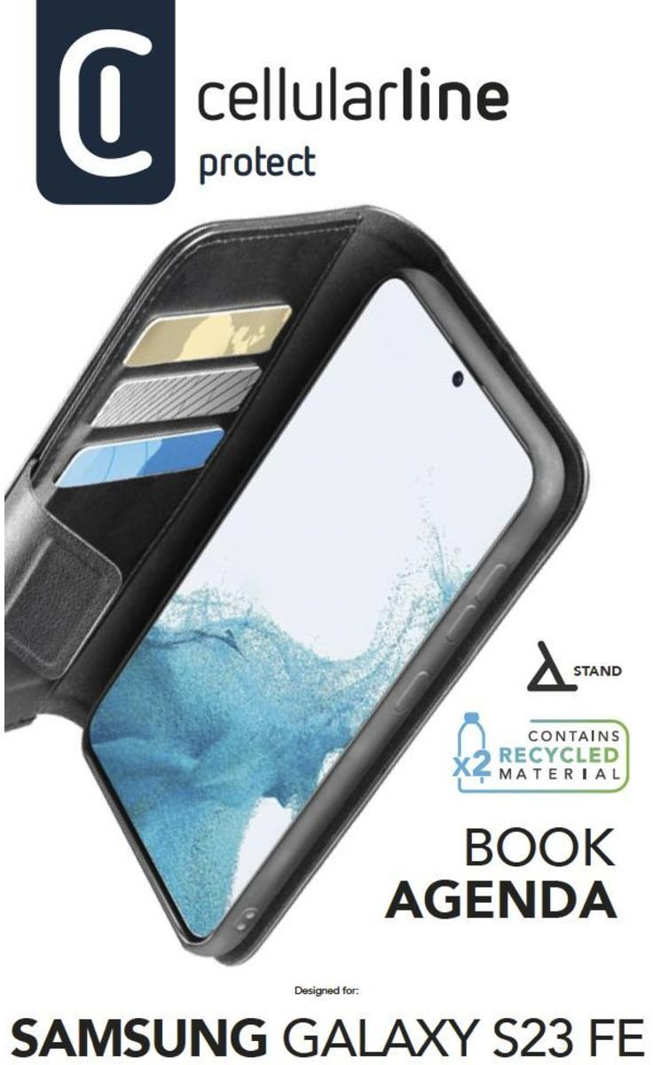 Housse de téléphone noire avec téléphone et emplacements pour cartes, marque cellularline protect.