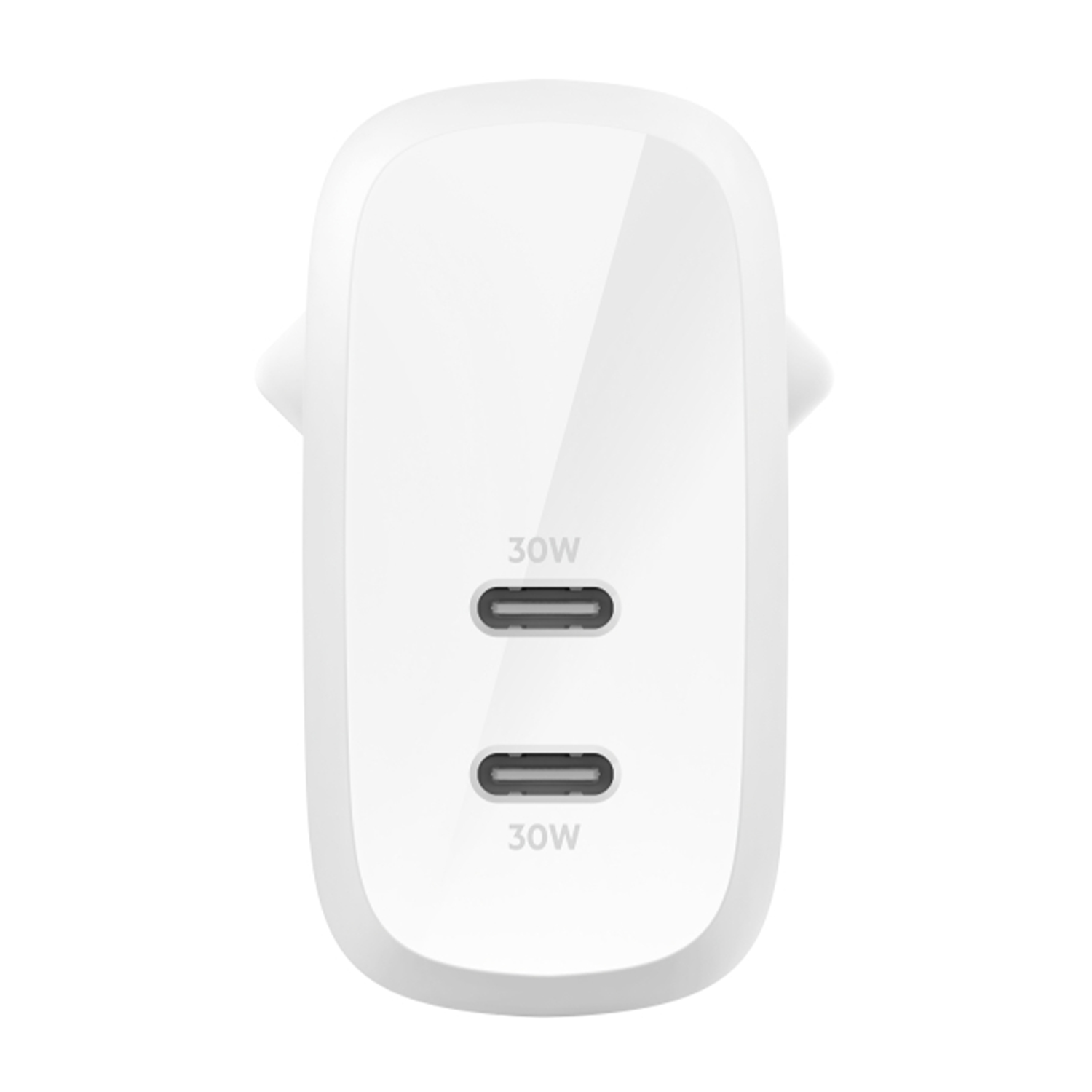 Caricatore da muro bianco con due porte USB-C, etichettate 30W ciascuna.