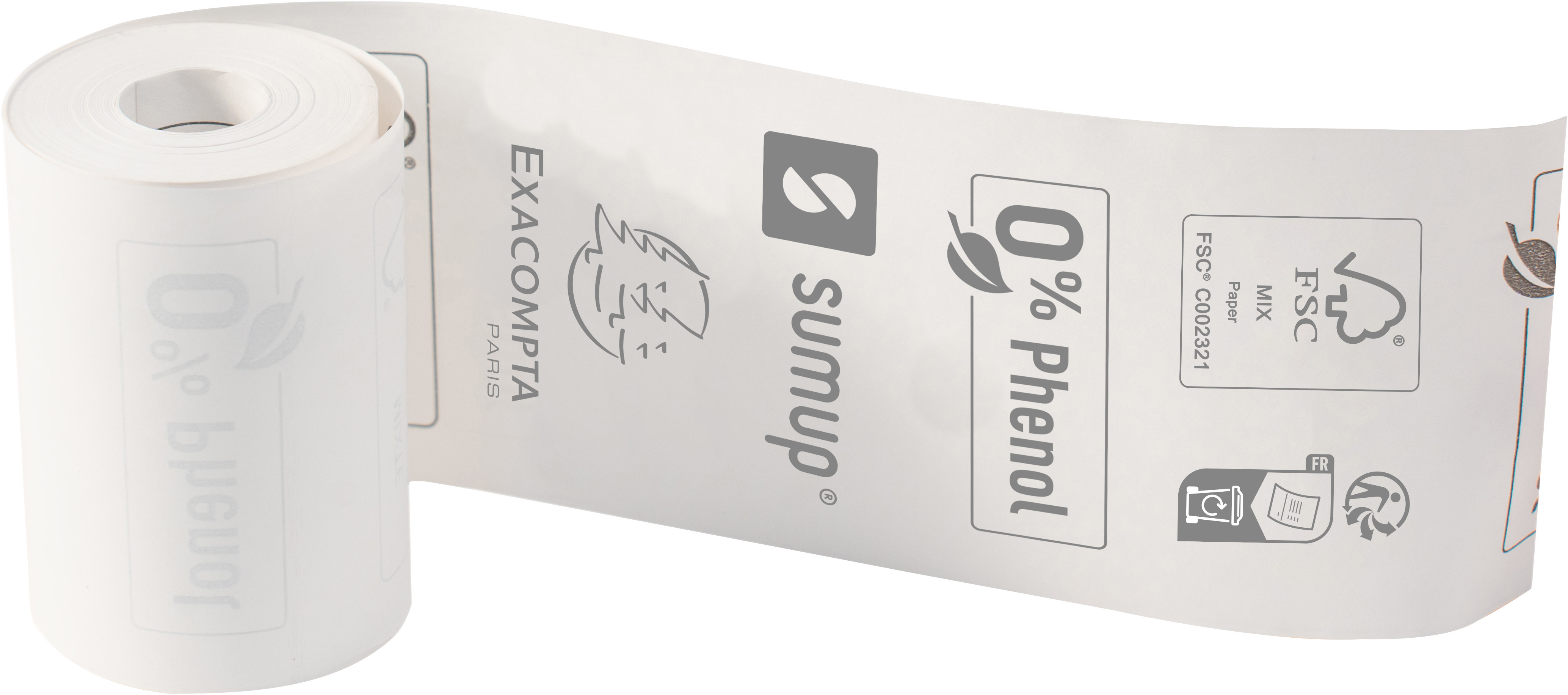 Rouleau de papier blanc avec logos et texte imprimés, indiquant des caractéristiques écologiques.