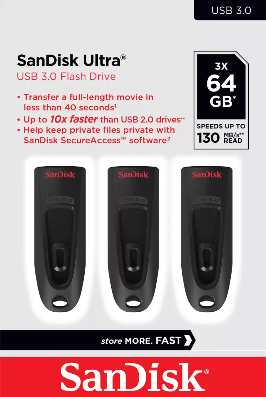 SANDISK Ultra (3x clés USB) - Clé USB  (64 GB, Noir)