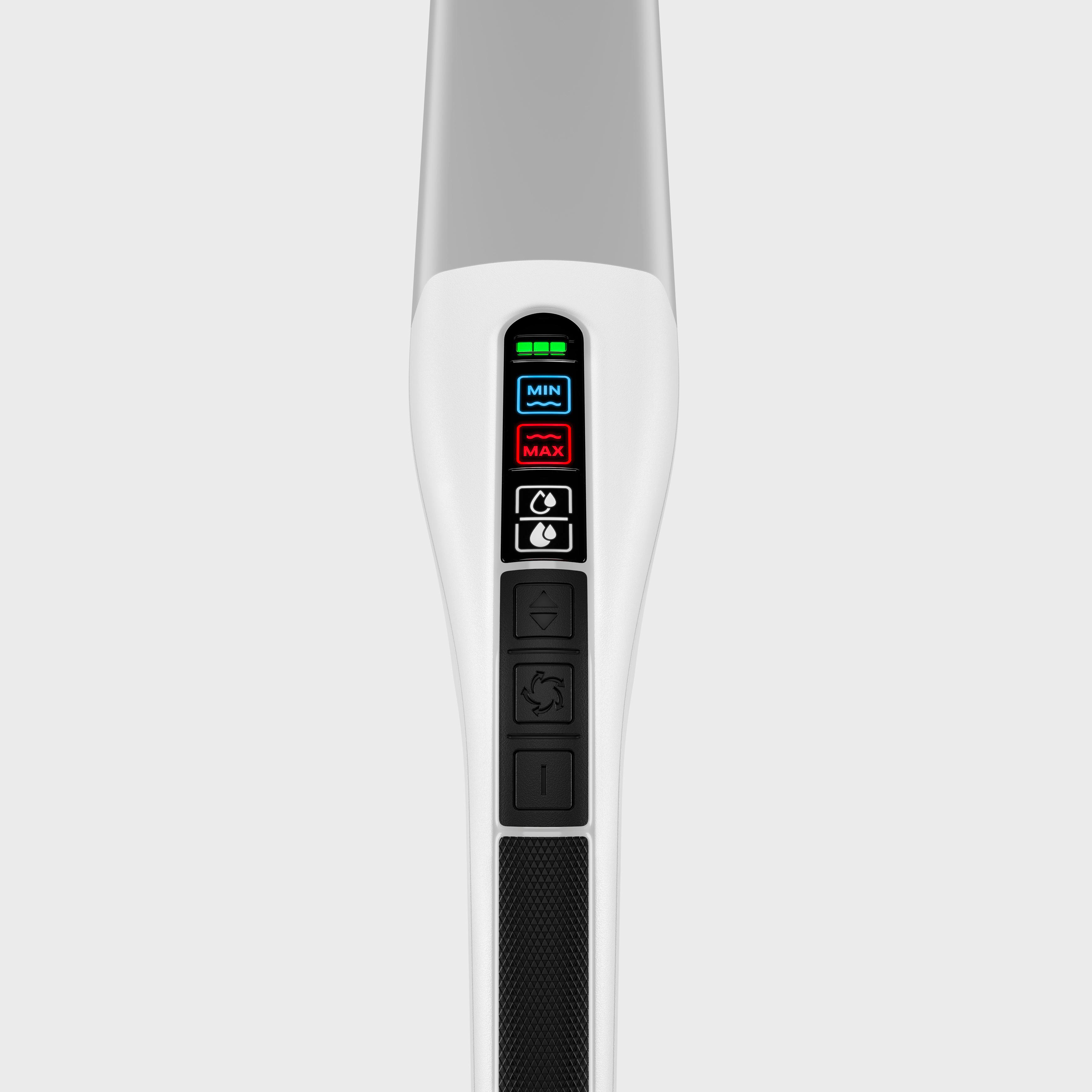 Weißes Gerät mit Display und Knöpfen. Zeigt Batterie-, Wasser- und Lüfter-Symbole.