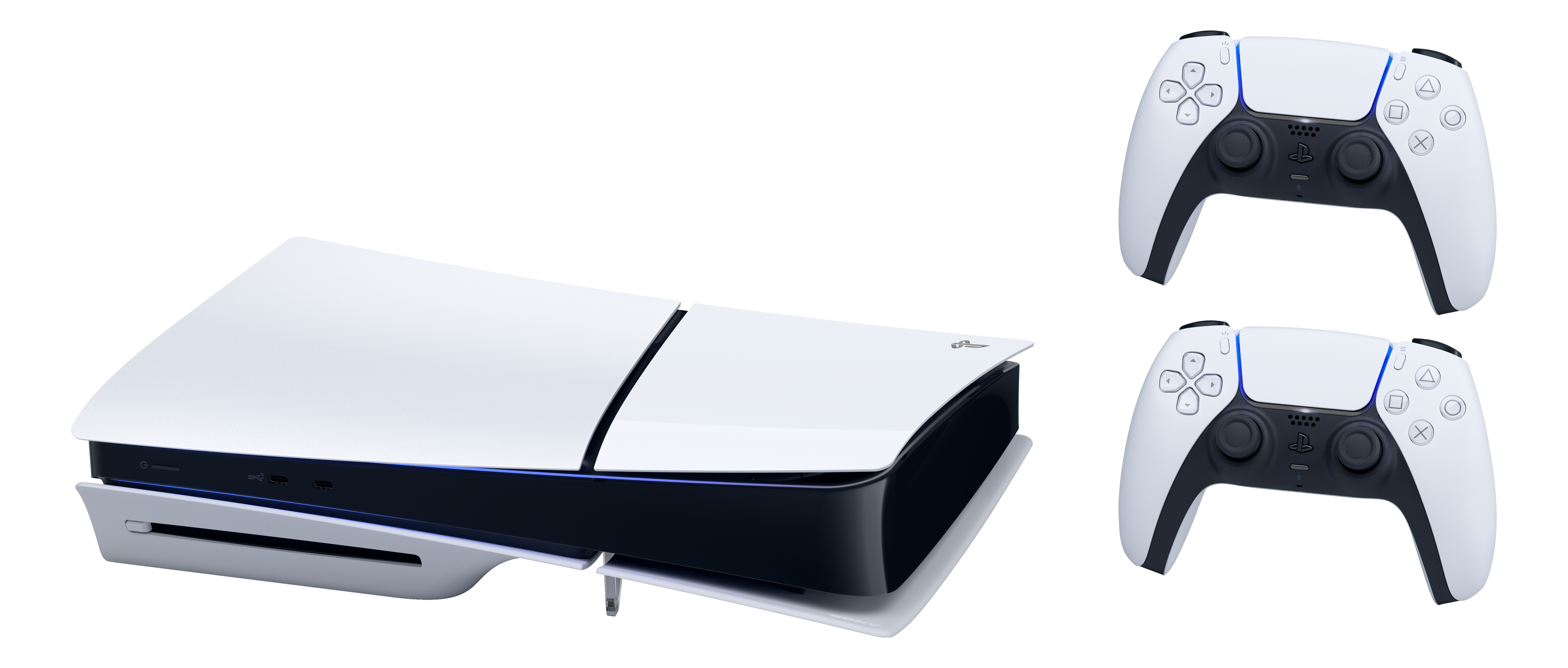 Une console PlayStation 5 blanche et deux manettes blanches sur fond noir. La console est sur le côté.