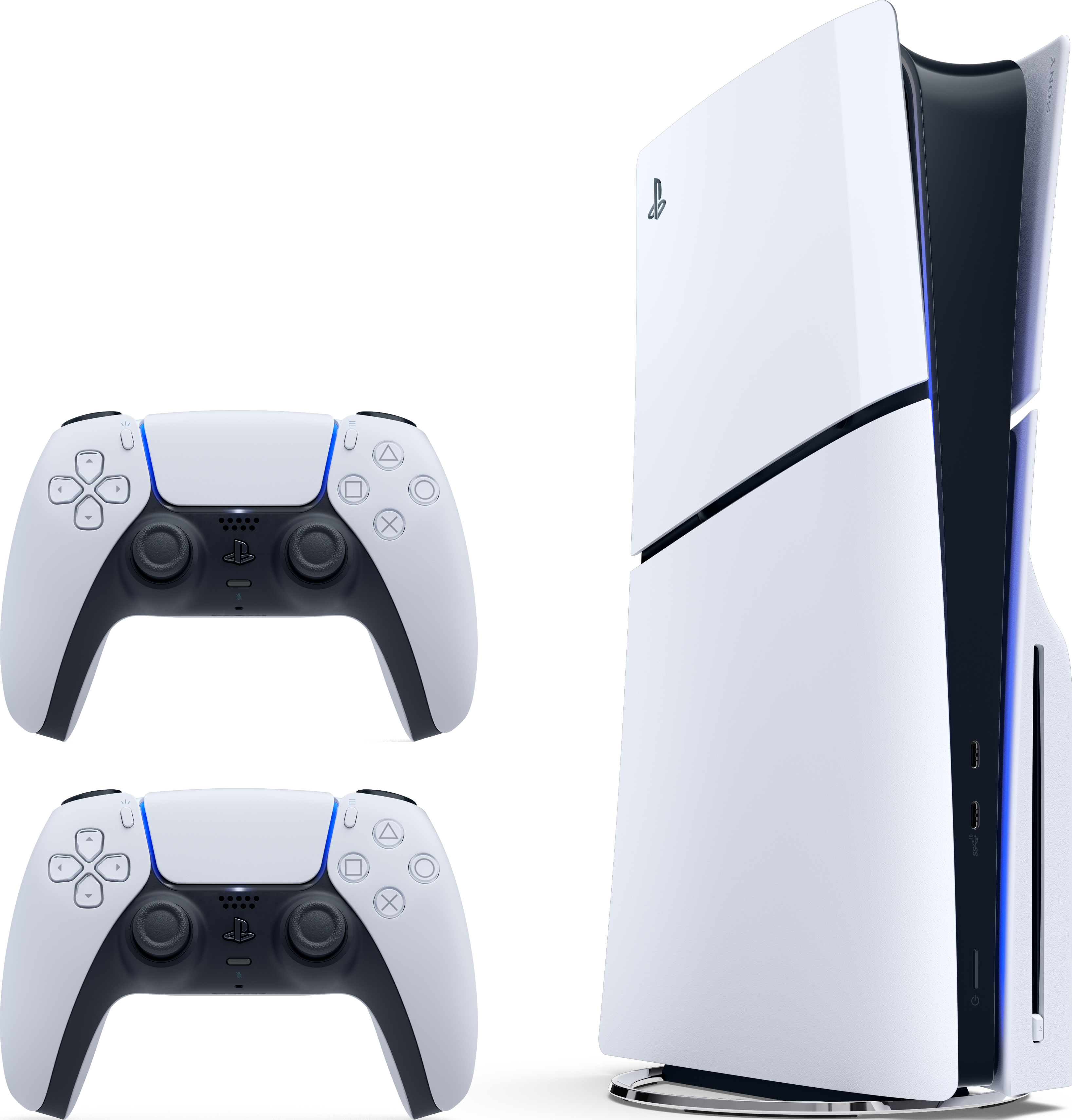 Console PS5 blanche et deux manettes Dualsense blanches. Fond noir.