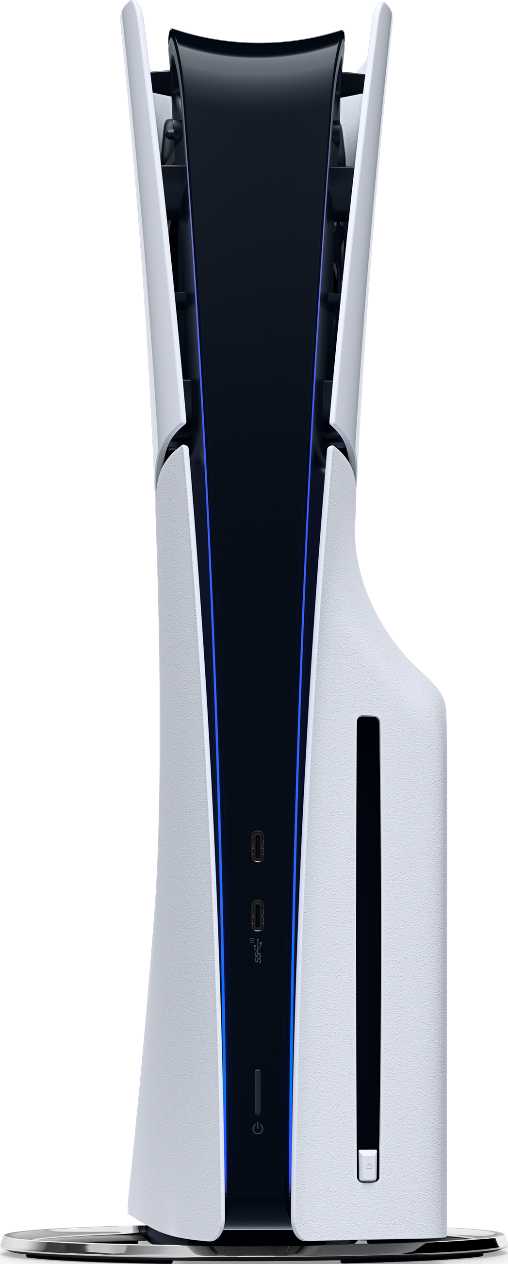 Console PlayStation 5 noire et blanche. Fond noir.
