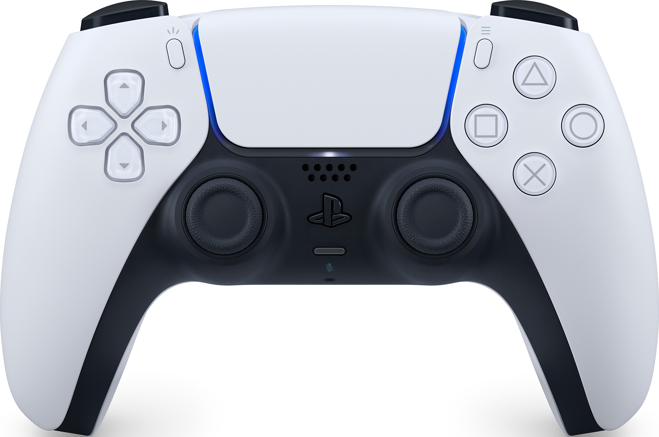 Une manette DualSense PlayStation 5 blanche et noire avec des boutons et le logo PlayStation central.