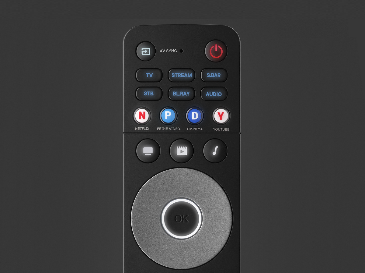 Eine schwarze Fernbedienung mit Tasten für verschiedene Streaming-Dienste und Funktionen.
