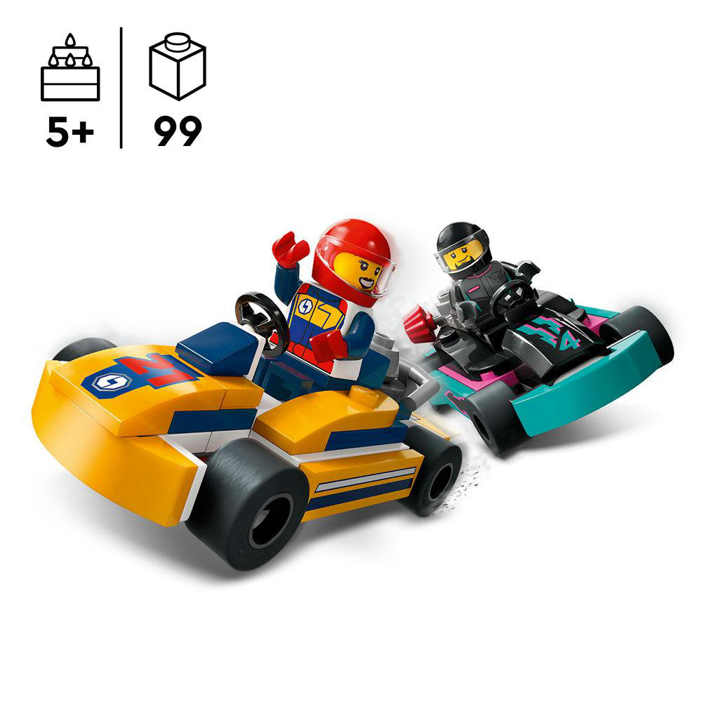 Lego-Go-Kart-Rennfahrer mit gelben, türkisfarbenen und schwarzen Karts und Figuren.