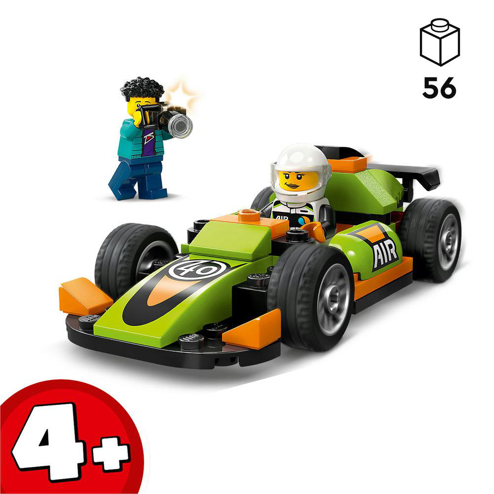 Lego-Set mit Rennwagen und Fotograf, mit Fahrer und Kamera.