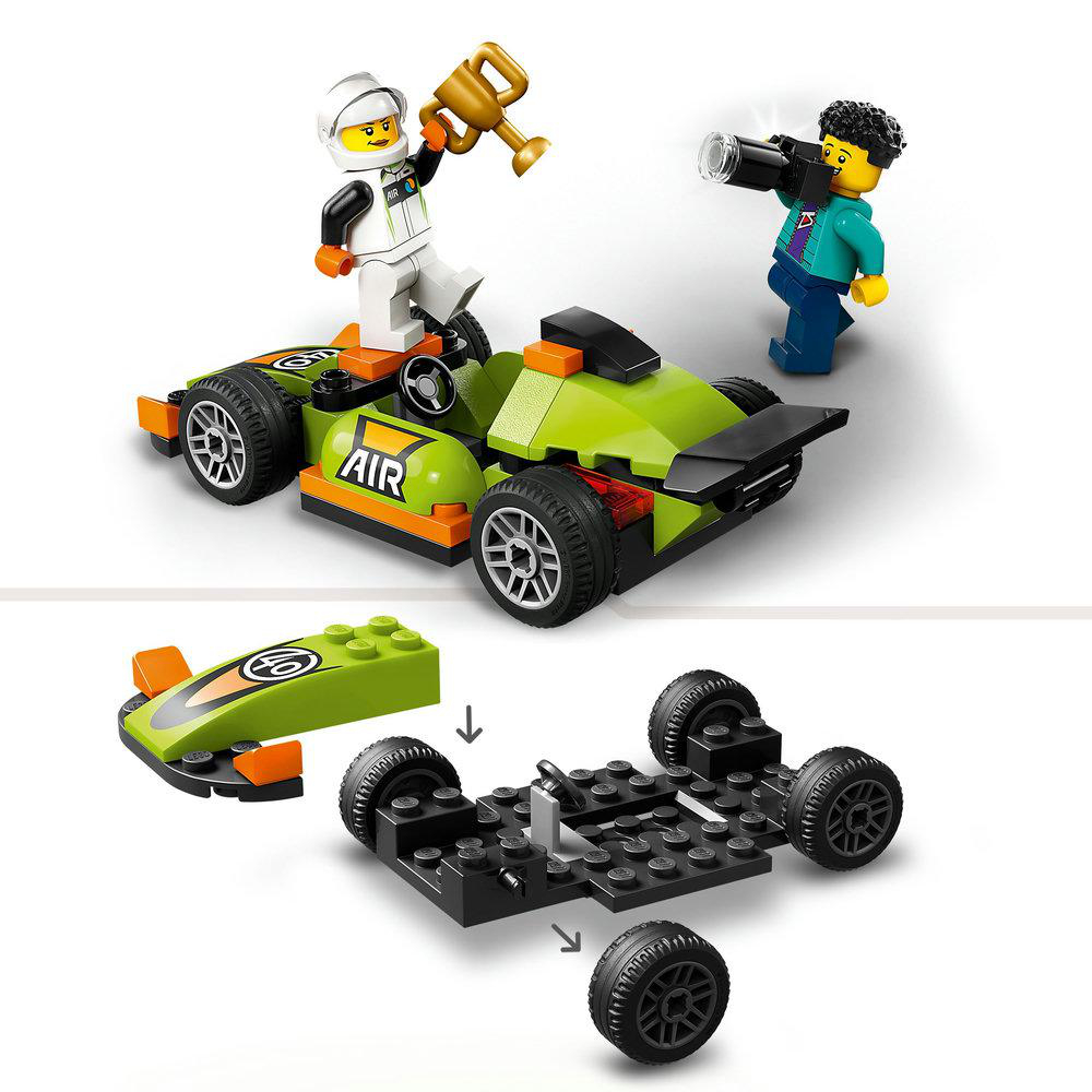 Lego-Rennwagen mit Fahrer, Fotograf und Aufschlüsselung des Autos. Grün und orange.