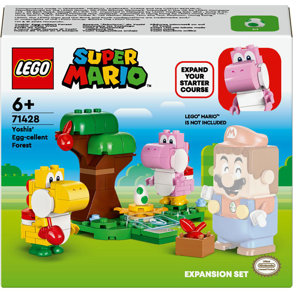 Lego-Box-Set mit einem rosa Yoshi und Mario-Figuren in einer Waldumgebung.