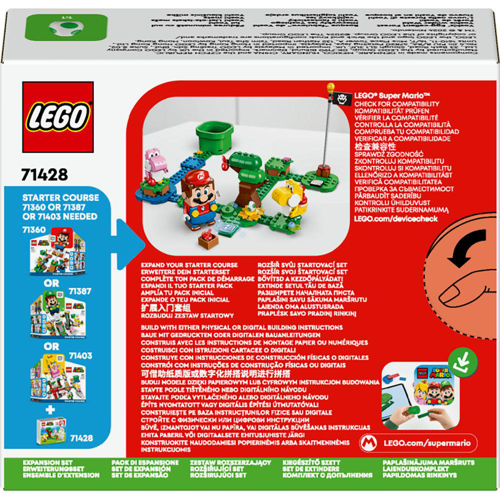 Die Rückseite einer Lego-Box mit verschiedenen Lego-Figuren und Sets, mit Text in mehreren Sprachen.