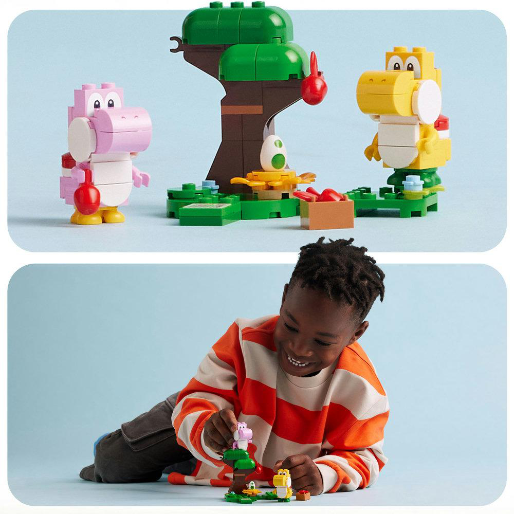 Zwei Bilder von Lego Yoshi Sets. Eines zeigt den aufgebauten Satz, das andere ein Kind, das damit spielt.