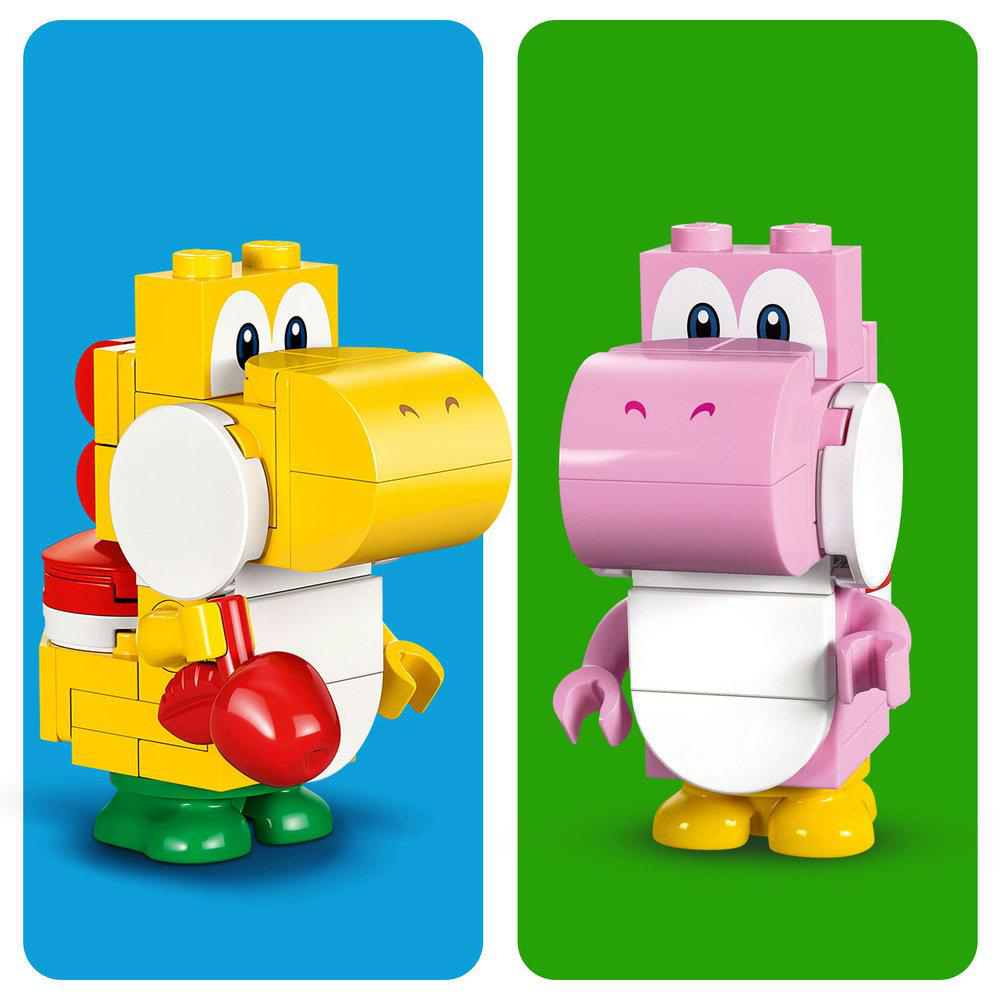 Zwei Lego Yoshi-Figuren, eine gelbe und eine rosa, auf blauem und grünem Hintergrund.