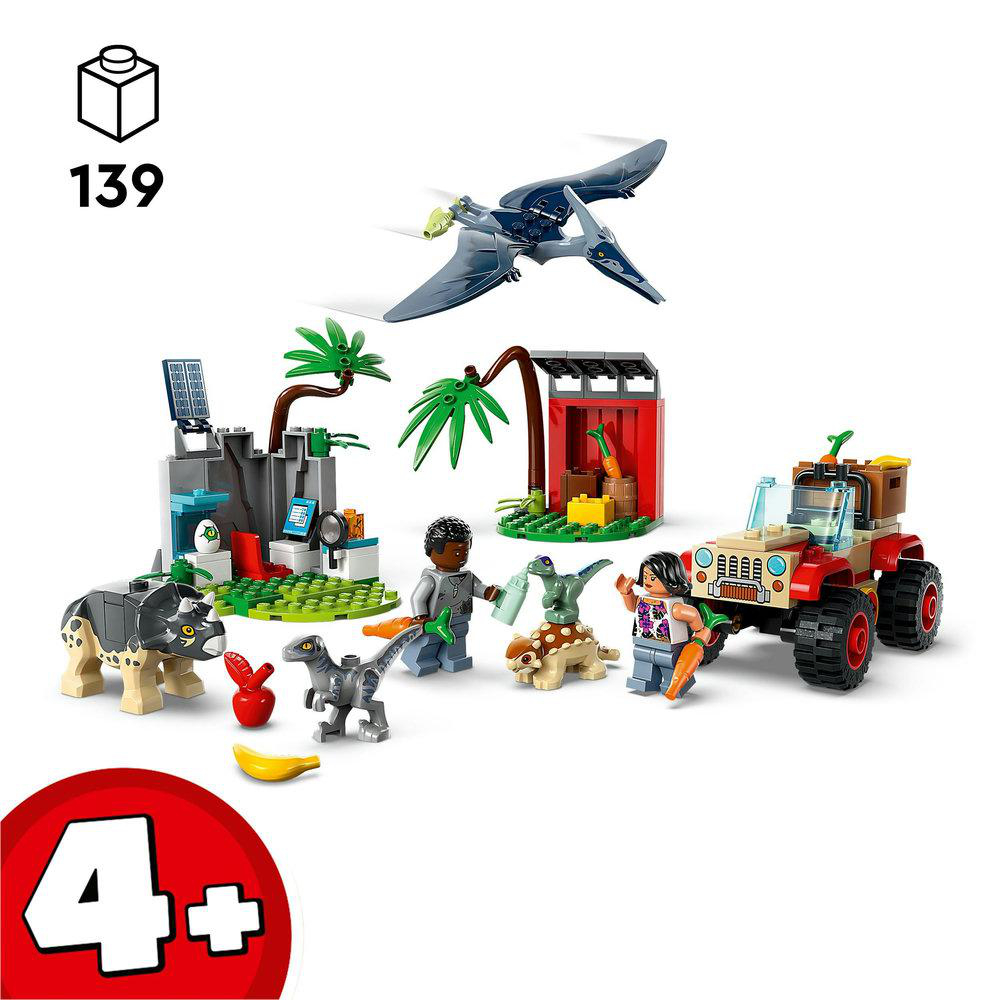 Lego-Set mit Dinosauriern, Figuren, einem Jeep und einem Pteranodon, alles auf weißem Grund.