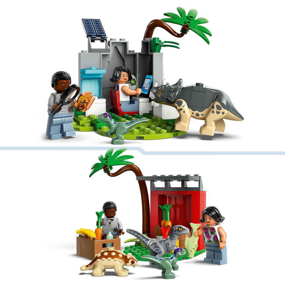 LEGO-Set mit zwei Szenen. Eine Szene zeigt einen Dinosaurier und Personen, die andere Dinosaurier.