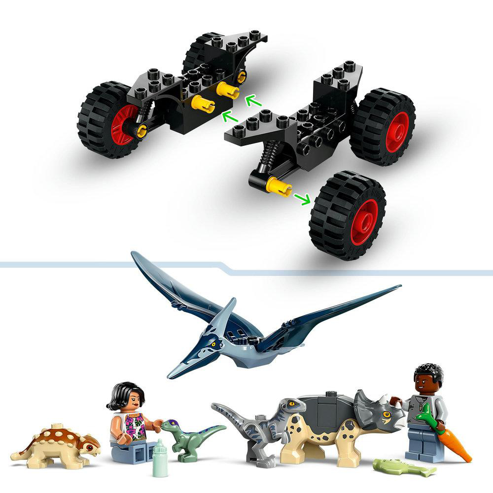 LEGO-Set mit Dinosaurier- und Menschenfiguren. Zwei Fahrzeuge oben, drei Dinos und Menschen unten.