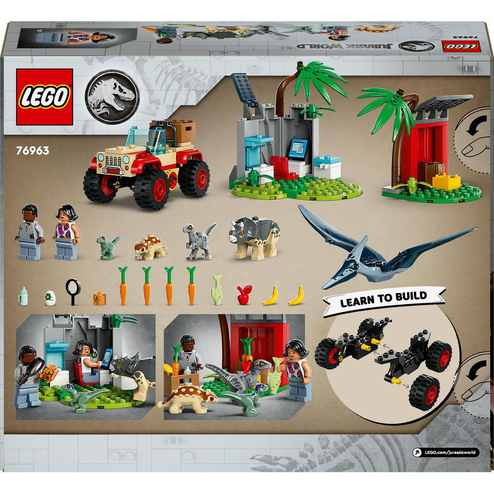 Lego Jurassic World Set. Enthält Dinosaurierfiguren, Jeep und Bauszenen mit Figuren und Requisiten.