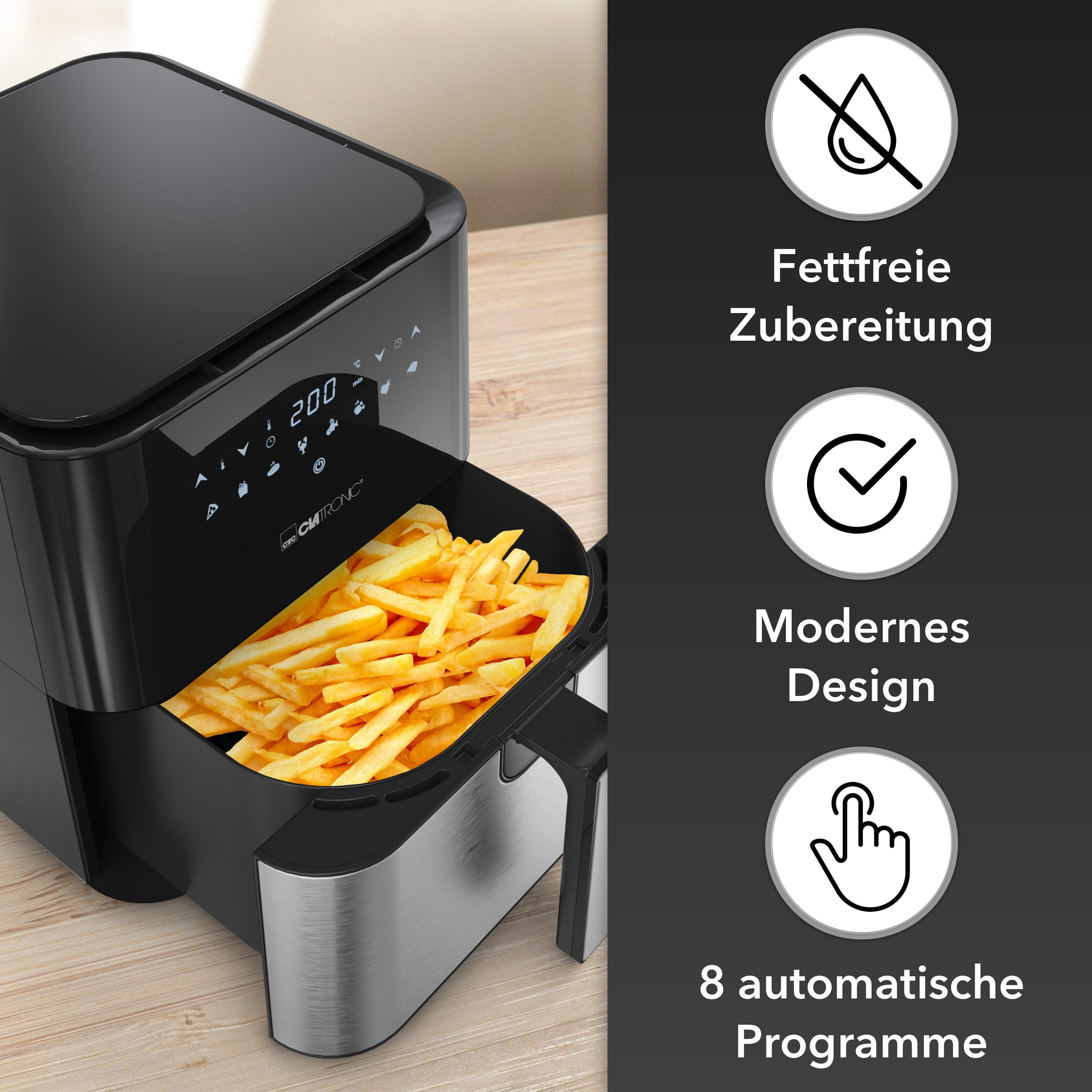 Heißluftfritteuse mit Pommes im Korb, schwarz-silbernes Design. Text auf Deutsch.