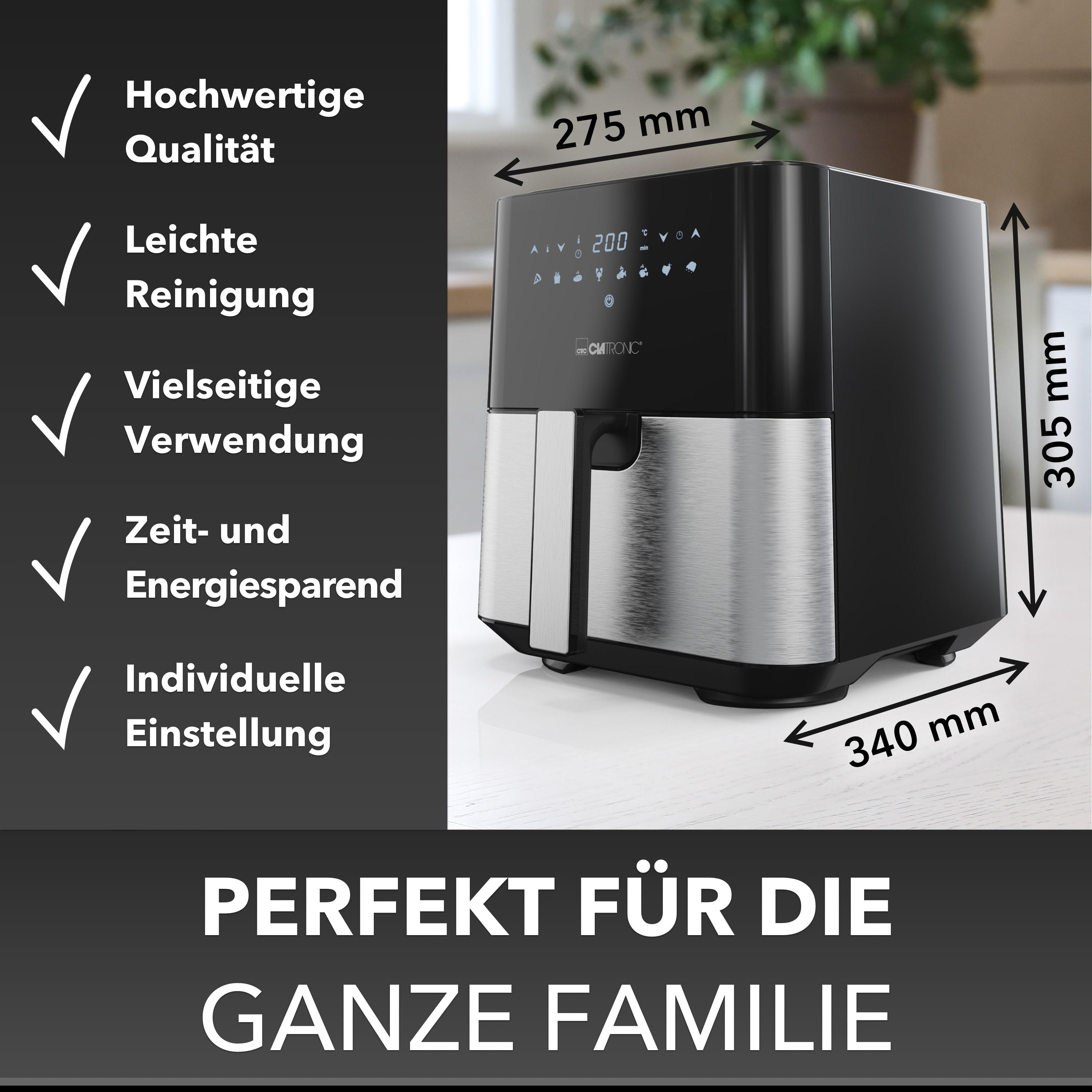 Schwarze und silberne Heißluftfritteuse. Text sagt 'Perfekt für die ganze Familie'.