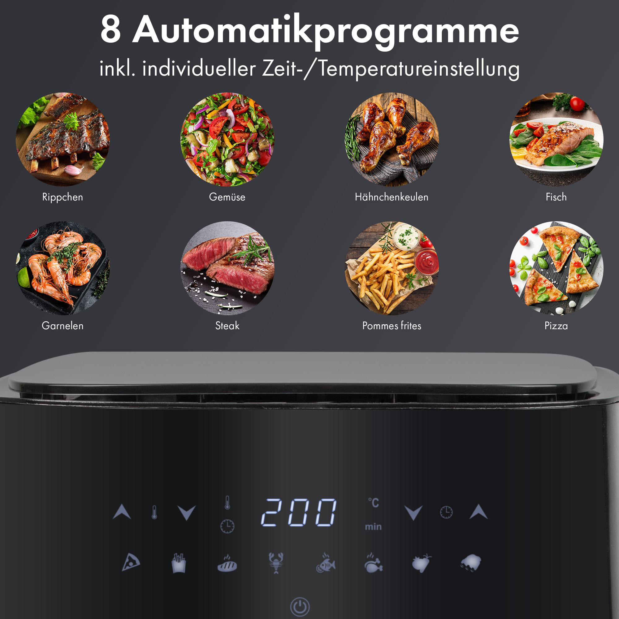 Eine schwarze Heißluftfritteuse mit Display, das Einstellungen zeigt. 8 Essensoptionen werden angezeigt.