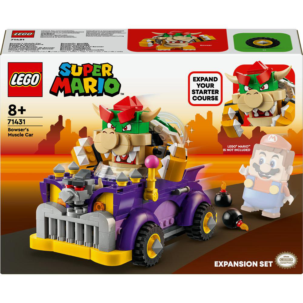 Eine Lego Super Mario Bowser's Muscle Car Set-Box mit Bowser, Mario und einem Auto.