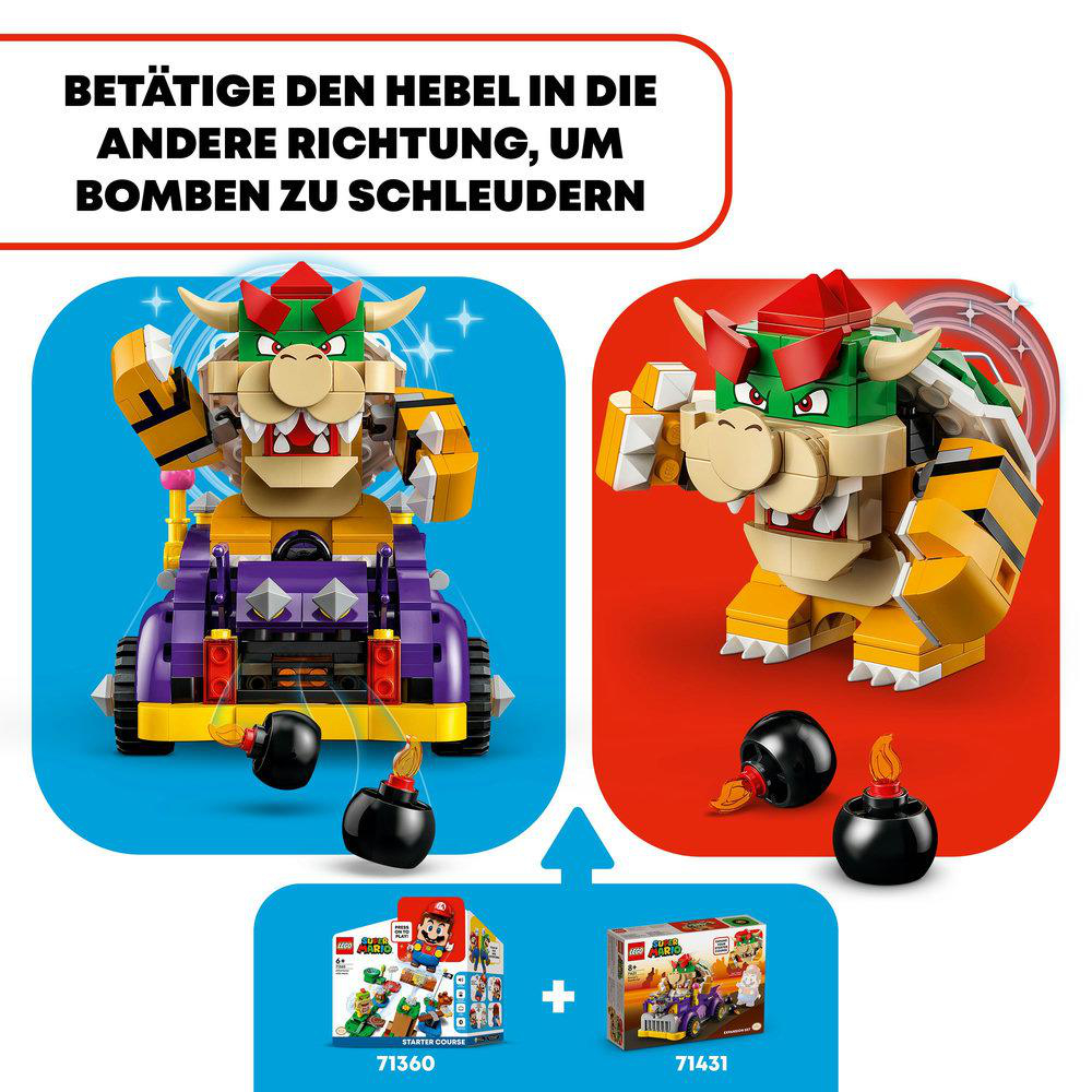 LEGO Bowsers Auto. Zwei Bilder: eines mit Bowser im Auto, das andere mit Bowser-Figur. Bomben sind vorhanden.