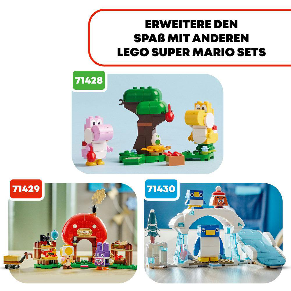 Lego Super Mario Sets: Rosa Yoshi, Baum, roter Laden und Pinguin-Eisszene.