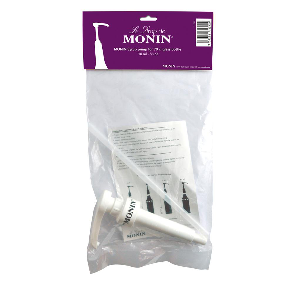 Weiße Monin-Siruppumpe in Kunststoffverpackung mit Anweisungen. Für 70-cl-Glasflaschen.